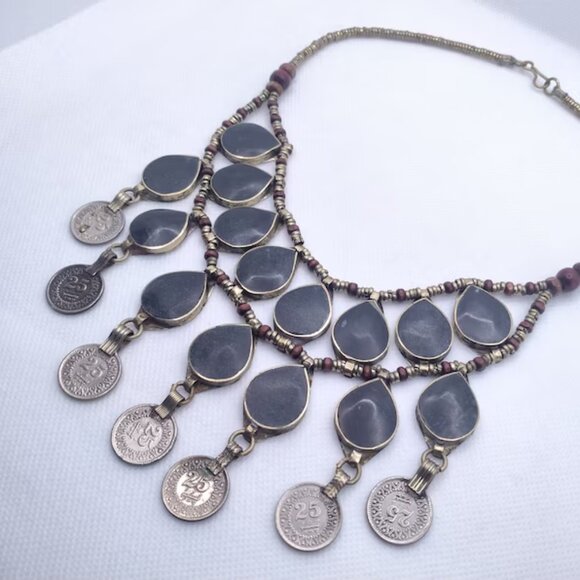 Vintage Dangle Coins and Stones Necklace, Ethnic Necklace, Tribal Bib Necklace - Picture 4 of 10